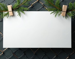Fototapeta premium White rectangle hangs on dark grid background with green pine branches. Wooden clips attach paper. Use for notes, signs, messages, quotes, announcements.