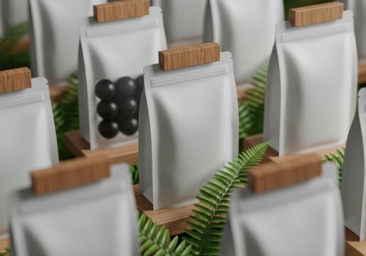 Blank White Stand-up Pouch Mockup Array: Premium Eco-Friendly Doypack Packaging Displayed in Natural Green Retail Setting for CPG Branding.