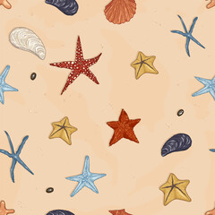 Vector Seamless Pattern of Starfish and Shells