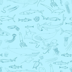 Vector Pattern of Sketch Sea Animals and Fishes