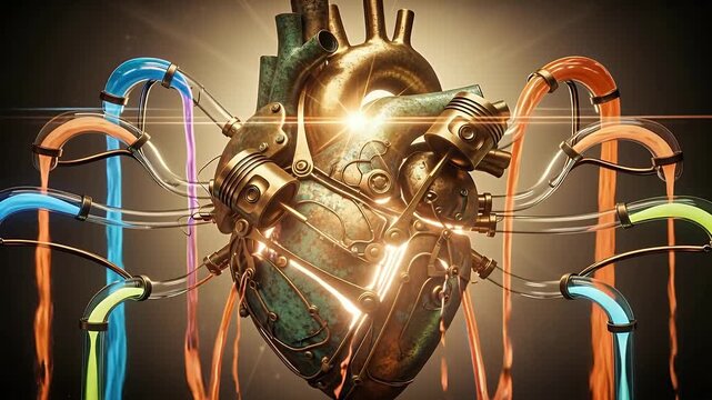 Intricate Steampunk Mechanical Heart with Vibrant Energy Flowing Through Tubes