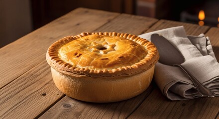 Freshly baked traditional British meat pie with golden crust on rustic wooden table, warm home kitchen lighting, cozy autumn meal perfect for British Pie Week