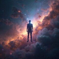 Fototapeta premium Silhouette man formed from stars floats in colorful nebula cloudscape. Person adrift in deep space against cosmic background. Cosmic man in universe.