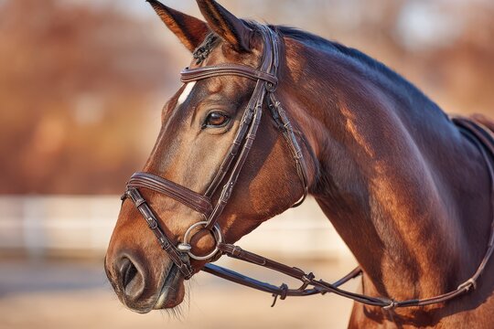 Natural light portrait of an athletic horse in bridle with focused gaze