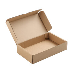 Empty open cardboard box with flaps isolated on transparent background