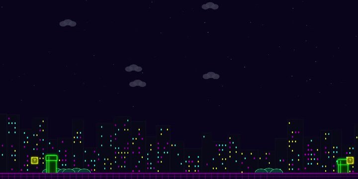 Retro 2D Platformer Night City Background With Pixel Art