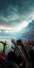 Graphic poster. Excited football crowd cheering with raised hands in stadium. Concept of powerful emotions, mass enthusiasm, live sports experience, fan culture storytelling, and commercial visuals. © Lustre Art Group 