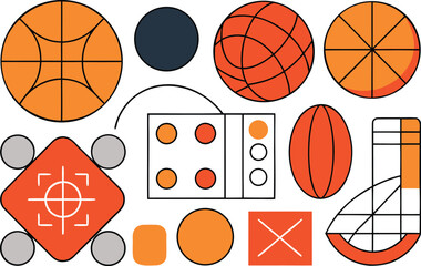 A collection of geometric shapes and sports-related objects in various orange and gray tones Vector, illustration
