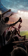 Bright poster. Football fans raising hands and scarves during dramatic match moment. Concept of intense tension, emotional support, stadium atmosphere, live football experience, sports media visuals. © Lustre Art Group 