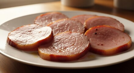 Delicious Sliced Canadian Bacon on White Plate, Savory Breakfast Meat with Golden Edges, Close-up Food Photography perfect for Canadian Bacon Day