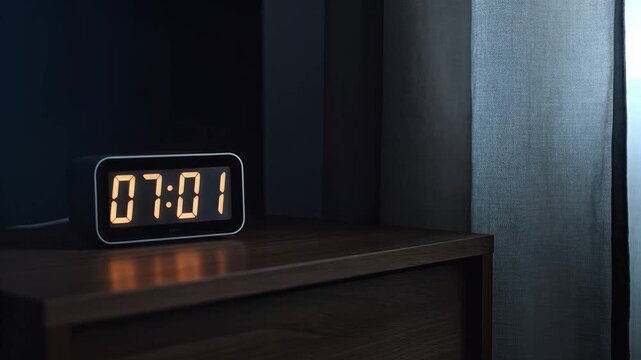 Digital Alarm Clock Displays Time Changing from 06:58 to 07:01 in a Dark Night Bedroom