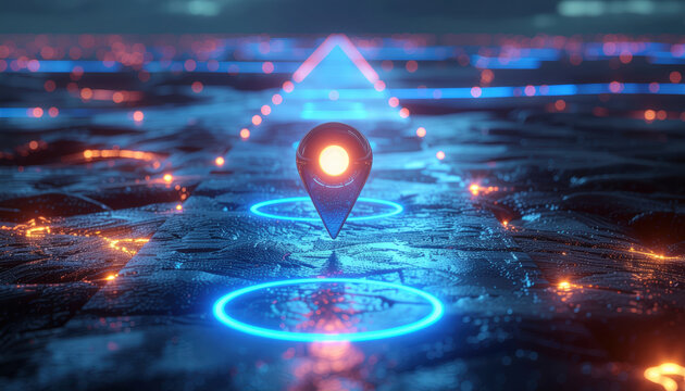 Glowing location pin on digital path symbolizing strategic technology roadmap. This navigation concept points to future destination with focus on innovation and data