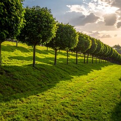 Fototapeta premium A row of meticulously manicured trees line a verdant hillside bathed in the warm light of the setting sun, creating a peaceful scene