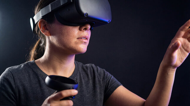 Young woman wearing a modern VR headset and holding a controller reaches out against a dark, moody background.