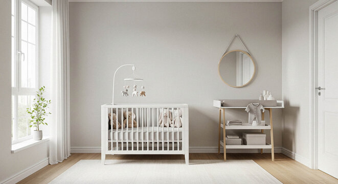 A white crib and changing table arranged neatly in a sunlit, empty nursery with neutral decor.