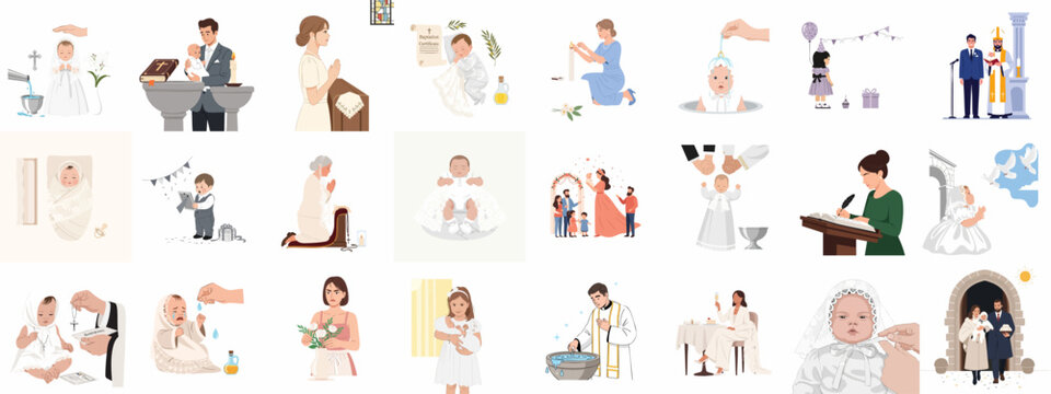 Flat vector illustrations of Christian baptism and christening ceremonies, featuring infants, parents, priests, religious symbols, holy water, and celebratory traditions.