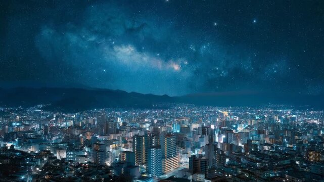 Panoramic Night View of a Japanese City Skyline under a Spectacular Glowing Milky Way Galaxy Starry Sky