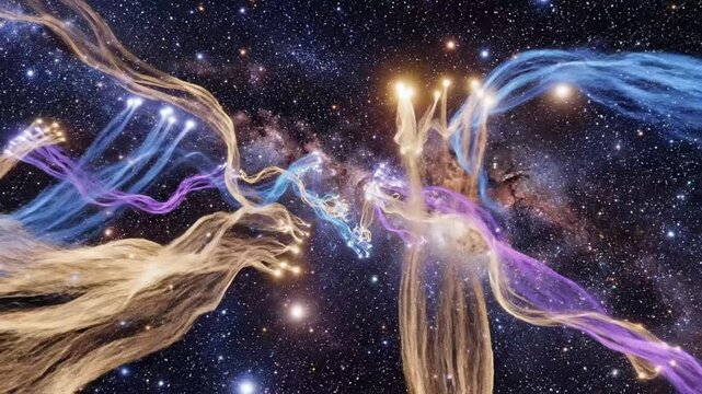 Colorful strands move and intertwine in a cosmic space with bright stars and galaxies in the background