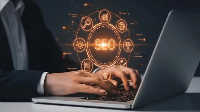 Optimizing online presence with SEO strategies for search engine marketing on laptop keyboard. SEO Search engine optimization marketing ranking.