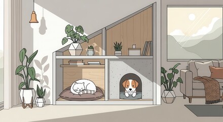 Obraz na płótnie Canvas Cozy domestic scene features a custom built-in enclosure for pets and indoor greenery