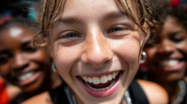 Drei Menschen verschiedener Ethnien lachen herzlich und strahlen pure Lebensfreude