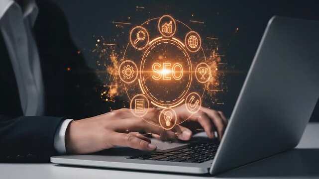 A person optimizing laptop for search engine marketing and seo strategies effectively. SEO Search engine optimization marketing ranking.