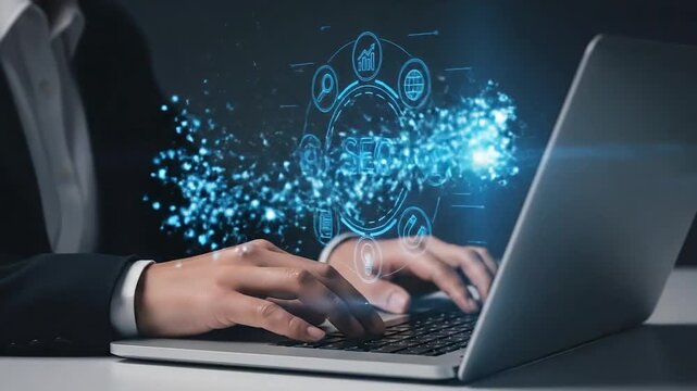 Person typing on laptop with glowing blue gears and icons, enhancing search engine optimization for effective marketing strategies. SEO Search engine optimization marketing ranking.