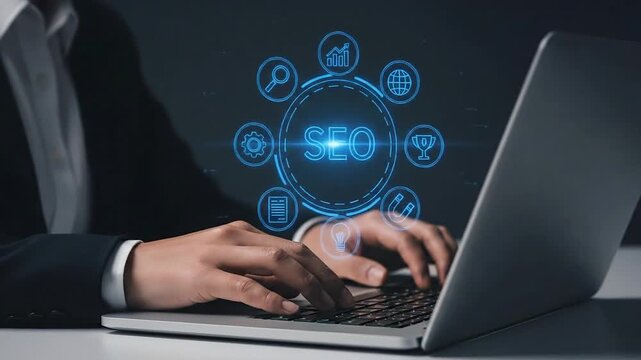 Professional optimizing laptop for effective search engine marketing and seo strategies. SEO Search engine optimization marketing ranking.