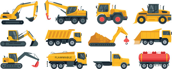Heavy construction machinery vector set with excavators dump trucks loaders tankers and cranes for industrial engineering building projects illustration © Vector's World