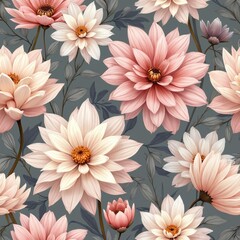 Fototapeta premium Pale pink and cream dahlias with dark leaves repeat in a floral pattern. This illustration shows blooming flowers and buds. Botanical artwork for fabric or wallpaper.