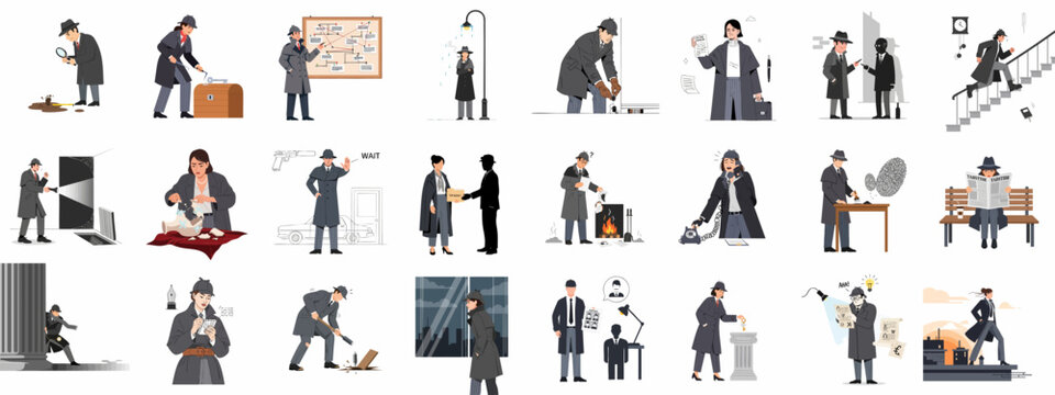 Private detective and investigator scenes collection: gathering evidence, solving crimes, espionage, surveillance, and mystery illustrations.