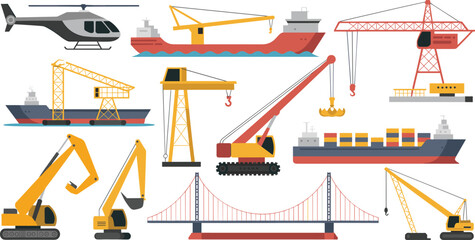 Industrial construction and transportation vector set with cranes ships excavators helicopters bridge cargo vessels heavy engineering machinery illustration © Vector's World