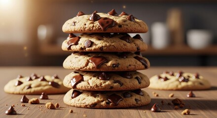 Delicious Chocolate Chip Cookies Stacked on Wooden Table, Warm Bakery Light, Sweet Confectionery Treat perfect for Chocolate Chip Cookie Week