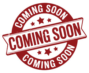 a red and white coming soon stamp with stars