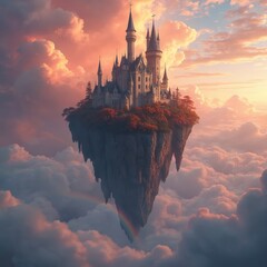 Naklejka premium Majestic castle rests on floating island high in sky. Colorful clouds and rainbow surround ethereal architecture. Dreamlike scene inspires wonder and imagination.