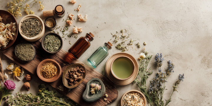 Herbal wellness flat lay with natural ingredients and copy space