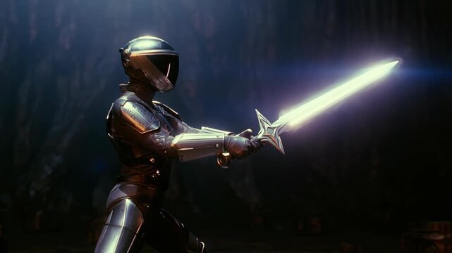 Woman in futuristic armor preparing to fight with a glowing energy blade in a dark fantasy setting, action and combat scenes