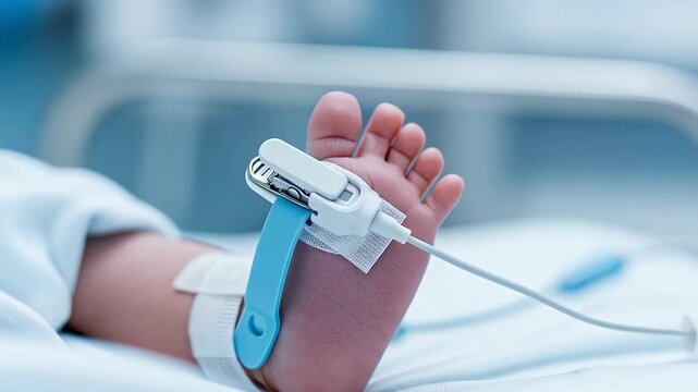 Newborn Baby Foot Monitored by Pulse Oximeter Sensor in Hospital Bed