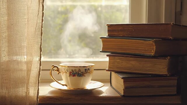 Peaceful vintage windowsill scene with floral tea cup and old books in warm morning sunlight and soft steam