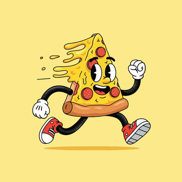 Cartoon pizza character running fast.