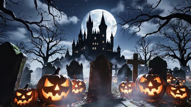 Spooky halloween scene with jack o lanterns and castle at night outside
