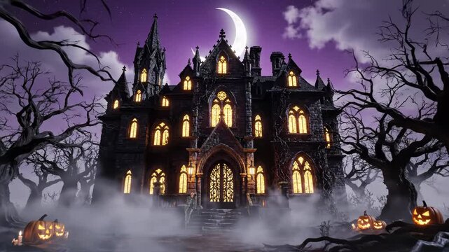 Spooky halloween scene with jack o lanterns and haunted house at night outside