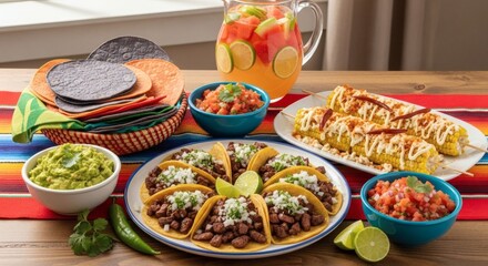 Colorful Mexican tacos with fresh guacamole salsa lime drinks and toppings on wooden table fiesta food perfect for Cinco de Marcho