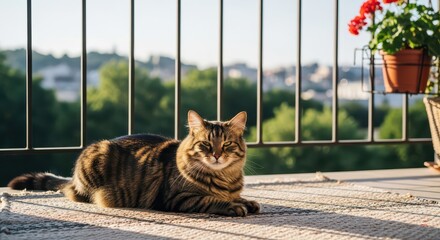 Naklejka premium Feline companion relaxes on a sunlit balcony overlooking a distant cityscape and greenery.