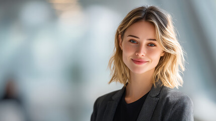 Obraz premium Happy young businesswoman with blonde hair and blue eyes smiling warmly, captured in a modern blurred office background.
