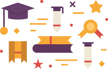 An illustration of educational symbols including a graduation cap, books, pencils, and awards on a white background. Vector, illustration