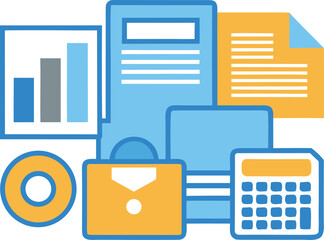 A collection of business and financial icons including a calculator, briefcase, chart, and documents. Vector, illustration
