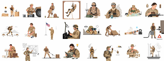 Modern soldiers performing daily military tasks, including training, logistics, maintenance, communication, and field operations in desert camouflage uniforms.