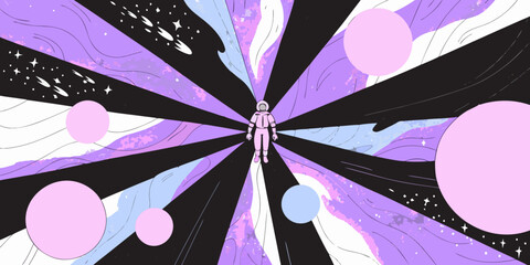 An astronaut floats within a vibrant swirling cosmic and abstract landscape © Hridoy