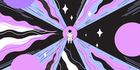 An astronaut stands within a swirling colorful tunnel in deep space © Hridoy